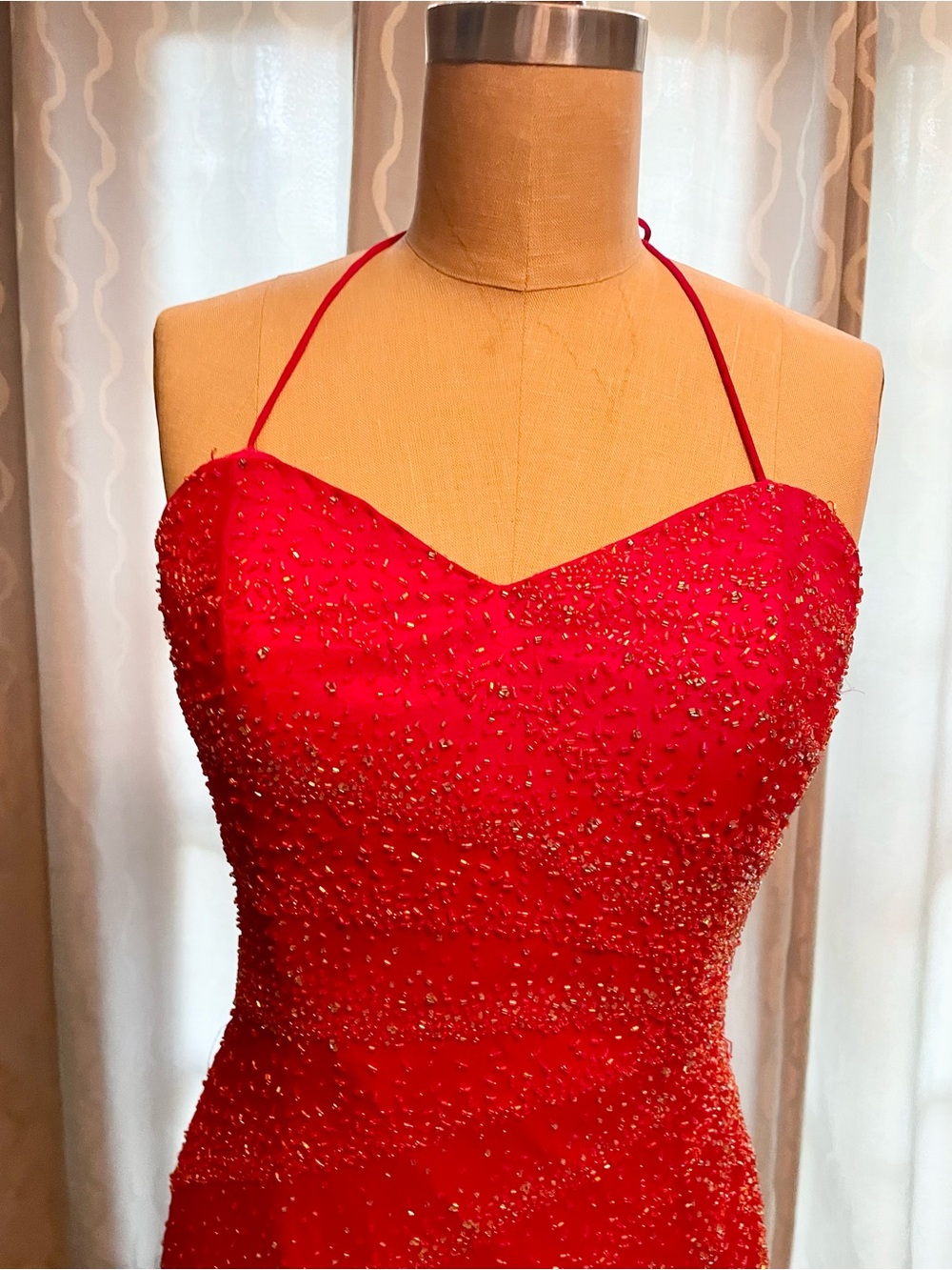 Precious Formals Red Beaded Halter Prom Dress